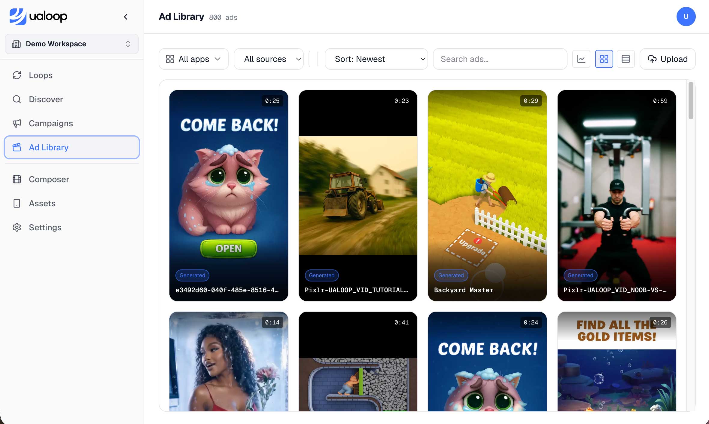 The ualoop Ad Library: a grid of generated ad creatives with durations and Generated badges, under filters for app, source and sort, beside the workspace sidebar