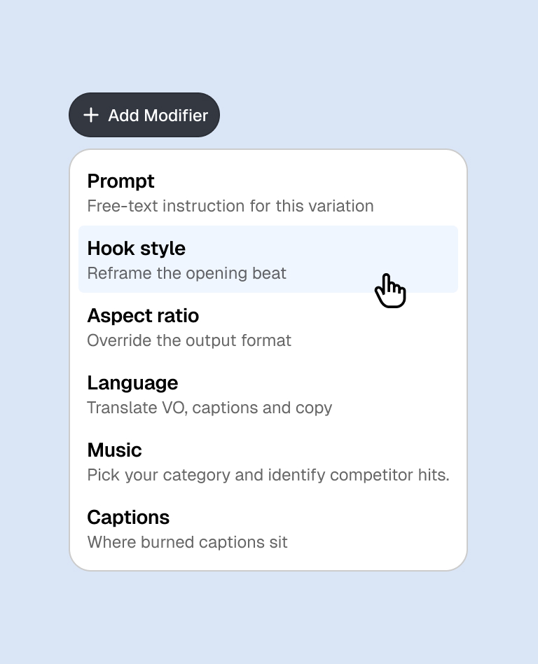 The Add Modifier menu open on a variation: Prompt, Hook style, Aspect ratio, Language, Music and Captions, with the cursor on Hook style